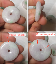 Load image into Gallery viewer, 27-30mm 100% Natural green/purple with sunny green floating flowers jadeite Jade Safety Guardian Button(donut) Pendant/worry stone BF92