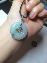 Load image into Gallery viewer, 25.4/6.2mm 100% Natural icy watery green/white with green floating flowers jadeite Jade Safety Guardian Button(donut) Pendant/worry stone BF46