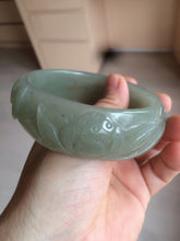 Load image into Gallery viewer, 60.8mm 100% natural dark green/gray  carved fish and lotus(年年有余) Quartzite (Shetaicui jade) bangle SY61