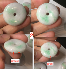 Load image into Gallery viewer, 27-30mm 100% Natural green/purple with sunny green floating flowers jadeite Jade Safety Guardian Button(donut) Pendant/worry stone BF92