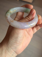 Load image into Gallery viewer, 53.3mm 100% Natural type A sunny green purple brown gray white carved flowers and golden-painted Jadeite Jade bangle BG231-5035
