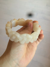 Load image into Gallery viewer, 56.7mm 100% natural light yellow/white Quartzite (Shetaicui jade) carved galsang flower(格桑花) bangle XY68