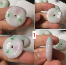 Load image into Gallery viewer, 27-30mm 100% Natural green/purple with sunny green floating flowers jadeite Jade Safety Guardian Button(donut) Pendant/worry stone BF92