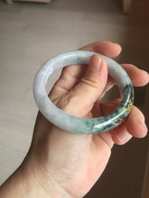 Load image into Gallery viewer, 54.9mm 100% Natural type A dark green purple white carved flowers and golden-painted Jadeite Jade banglePD96-0265