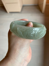 Load image into Gallery viewer, 60.8mm 100% natural dark green/gray  carved fish and lotus(年年有余) Quartzite (Shetaicui jade) bangle SY61