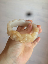 Load image into Gallery viewer, 56.7mm 100% natural light yellow/white Quartzite (Shetaicui jade) carved galsang flower(格桑花) bangle XY68