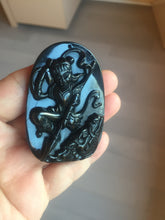Load image into Gallery viewer, 100% Natural clear dark green/black jadeite jade(Mocui, 墨翠) Nezha(哪吒) defeated the dragon king Pendant/handhold worry stone BL139