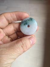 Load image into Gallery viewer, 28mm Type A 100% Natural white purple with green floating flowers Jadeite Jade Safety Guardian Button donuts couple pendant PB188