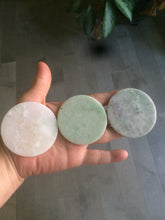 Load image into Gallery viewer, Type A 100% Natural light green/purpleJadeite Jade disc group (pendant, home decor, or worry stone) A124 add on item