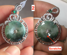 Load image into Gallery viewer, Type A 100% Natural dark green with green floating flowers Jadeite Jade Safety Guardian Button donuts Pendant group X138
