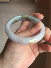 Load image into Gallery viewer, 53.6mm 100% Natural type A dark green purple white carved plum bossom and golden-painted Jadeite Jade bangle PD91-0269