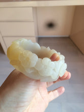 Load image into Gallery viewer, 54mm 100% natural light yellow/beige/gray 3D carved lotus and kissing love birds Quartzite (Shetaicui jade) jade bangle SY69
