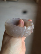 Load image into Gallery viewer, 54.6mm 100% natural light Pink/black/purple fish and lotus pods(年年有余) Quartzite (Shetaicui jade) 3D carved Bow knot bangle SY10