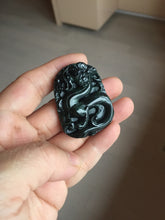 Load image into Gallery viewer, 100% Natural clear dark green/black jadeite jade(Mocui, 墨翠) dragon Pendant/handhold worry stone BL128