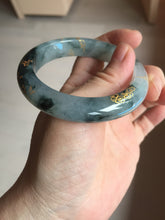Load image into Gallery viewer, 54mm 100% Natural type A icy watery dark green with floating flowers and carved and golden-painted Jadeite Jade bangle PA172-8572