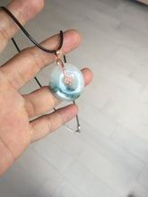 Load image into Gallery viewer, 28mm Type A 100% Natural white purple with green floating flowers Jadeite Jade Safety Guardian Button donuts couple pendant PB188