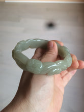 Load image into Gallery viewer, 59.5mm 100% natural light green/gray Quartzite (Shetaicui jade) carved flowers bangle XY61