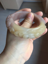 Load image into Gallery viewer, 55mm 100% natural pink yellow carved Peony and money jars Quartzite (Shetaicui jade) bangle SY103