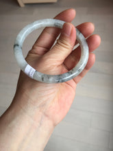 Load image into Gallery viewer, 58.5mm certificated Type A 100% Natural icy watery light green/white with dark green floating flowers Chinese ink painting round cut Jadeite Jade bangle PB126-7352