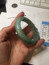 Load image into Gallery viewer, 56mm 100% Natural type A green/gray carved flowers and golden-painted Jadeite Jade bangle PB249-5681