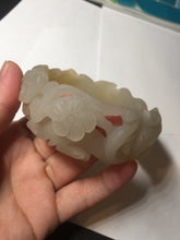 Load image into Gallery viewer, 54mm 100% natural light yellow/beige/gray 3D carved lotus and kissing love birds Quartzite (Shetaicui jade) jade bangle SY69