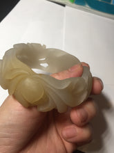 Load image into Gallery viewer, 54mm 100% natural light yellow/beige/gray 3D carved lotus and kissing love birds Quartzite (Shetaicui jade) jade bangle SY69