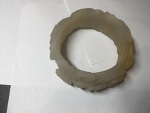 Load image into Gallery viewer, 54mm 100% natural light yellow/beige/gray 3D carved lotus and kissing love birds Quartzite (Shetaicui jade) jade bangle SY69