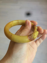 Load image into Gallery viewer, 56mm 100% Natural yellow/red/brown carved cat and flowers Xiu Jade (Serpentine) bangle XY60