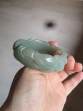 Load image into Gallery viewer, 53mm 100% natural light green/gray Quartzite (Shetaicui jade) 3D carved Magpie and Peony bangle XY62