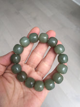 Load image into Gallery viewer, 100% Natural 13.8x12.5mm dark green/gray/brown vintage style nephrite Jade bead bracelet HF76