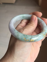Load image into Gallery viewer, 55.5mm 100% Natural type A green purple carved plum blossom and golden-painted Jadeite Jade bangle PB226-0257