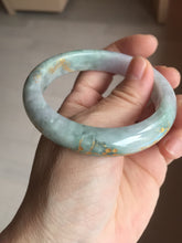 Load image into Gallery viewer, 55.5mm 100% Natural type A green purple carved plum blossom and golden-painted Jadeite Jade bangle PB226-0257