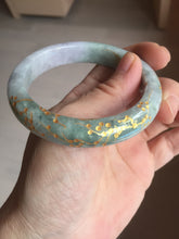 Load image into Gallery viewer, 55.5mm 100% Natural type A green purple carved plum blossom and golden-painted Jadeite Jade bangle PB226-0257