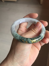 Load image into Gallery viewer, 54.9mm 100% Natural type A dark green purple white carved flowers and golden-painted Jadeite Jade banglePD96-0265