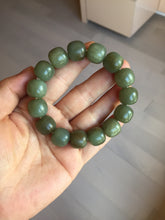 Load image into Gallery viewer, 100% Natural 13.8x12.5mm dark green/gray/brown vintage style nephrite Jade bead bracelet HF76