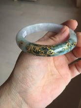 Load image into Gallery viewer, 53.6mm 100% Natural type A dark green purple white carved plum bossom and golden-painted Jadeite Jade bangle PD91-0269
