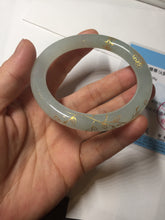 Load image into Gallery viewer, 53.7mm 100% Natural type A icy watery light green carved and golden-painted round cut Jadeite Jade bangle Pb212-2404