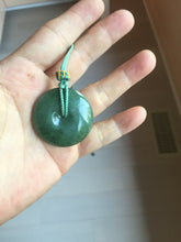 Load image into Gallery viewer, 34mm Type A 100% Natural oily dark green(老油青) Jadeite Jade Safety Guardian lenticular disc Button donuts pendant PA106
