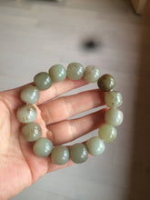 Load image into Gallery viewer, 14x13mm 100% Natural light green/gray/brown with brown flying dandelions vintage style nephrite Jade bead bracelet HE84