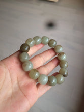 Load image into Gallery viewer, 14x13mm 100% Natural light green/gray/brown with brown flying dandelions vintage style nephrite Jade bead bracelet HE84