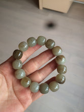Load image into Gallery viewer, 14x13mm 100% Natural light green/gray/brown with brown flying dandelions vintage style nephrite Jade bead bracelet HE84