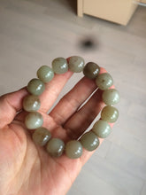 Load image into Gallery viewer, 14x13mm 100% Natural light green/gray/brown with brown flying dandelions vintage style nephrite Jade bead bracelet HE84
