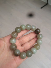 Load image into Gallery viewer, 14x13mm 100% Natural light green/gray/brown with brown flying dandelions vintage style nephrite Jade bead bracelet HE84