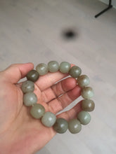 Load image into Gallery viewer, 14x13mm 100% Natural light green/gray/brown with brown flying dandelions vintage style nephrite Jade bead bracelet HE84