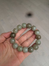 Load image into Gallery viewer, 14x13mm 100% Natural light green/gray/brown with brown flying dandelions vintage style nephrite Jade bead bracelet HE84