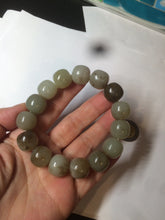 Load image into Gallery viewer, 14x13mm 100% Natural light green/gray/brown with brown flying dandelions vintage style nephrite Jade bead bracelet HE84