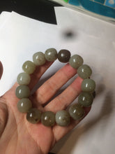 Load image into Gallery viewer, 14x13mm 100% Natural light green/gray/brown with brown flying dandelions vintage style nephrite Jade bead bracelet HE84