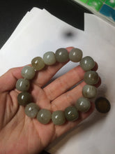 Load image into Gallery viewer, 14x13mm 100% Natural light green/gray/brown with brown flying dandelions vintage style nephrite Jade bead bracelet HE84