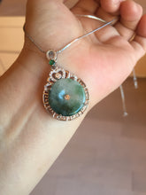 Load image into Gallery viewer, Type A 100% Natural dark green with green floating flowers Jadeite Jade Safety Guardian Button donuts Pendant group X138