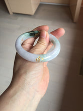 Load image into Gallery viewer, 54mm 100% Natural type A dark green purple white carved plum bossom and golden-painted Jadeite Jade bangle BP166-0266